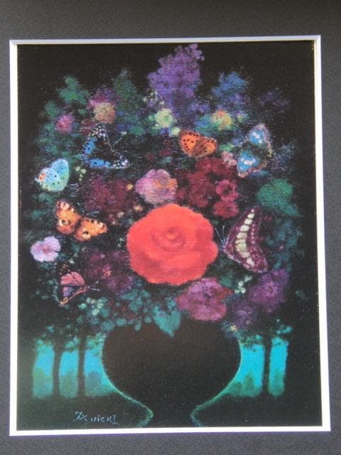 鷹山宇一、「緑陰の花」、希少な額装用画集より、新品高級額装付