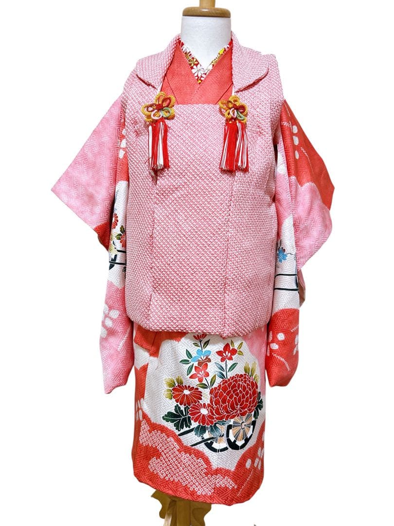 ピンク総絞り被布♡七五三　3歳　女の子　フルセット　一式　ピンク系　正絹