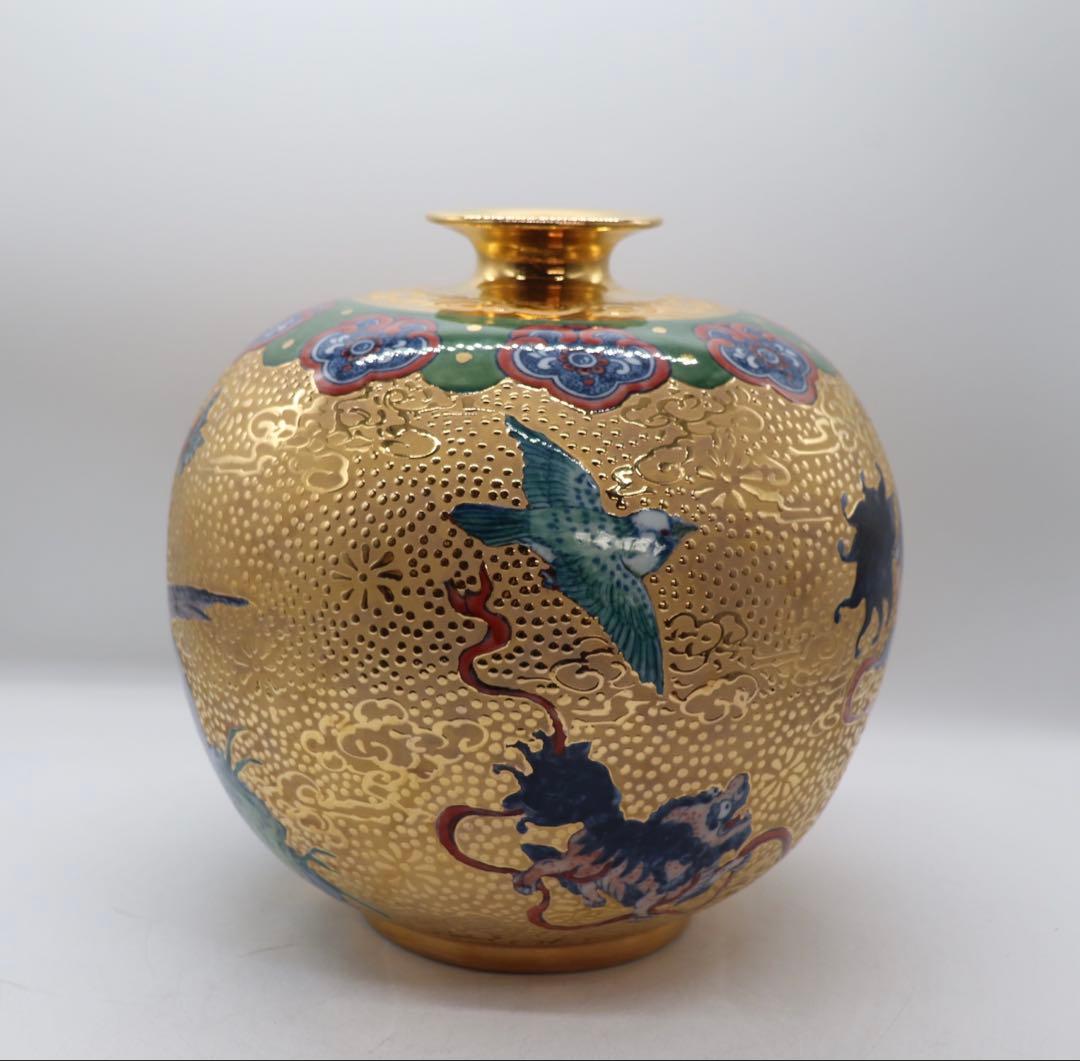 豪華　金彩　色絵獅子紋壺　送料込み250923