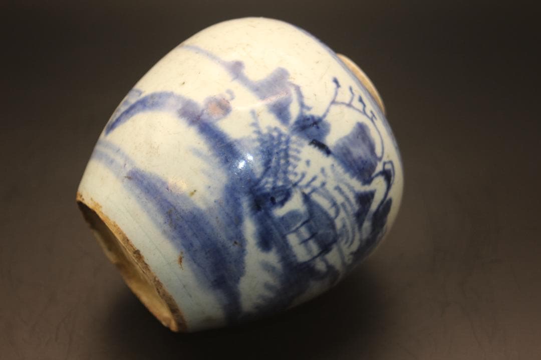 【海】古染付　清中期　人物山水絵小壺　本物保証！　骨董品 時代品 美術品