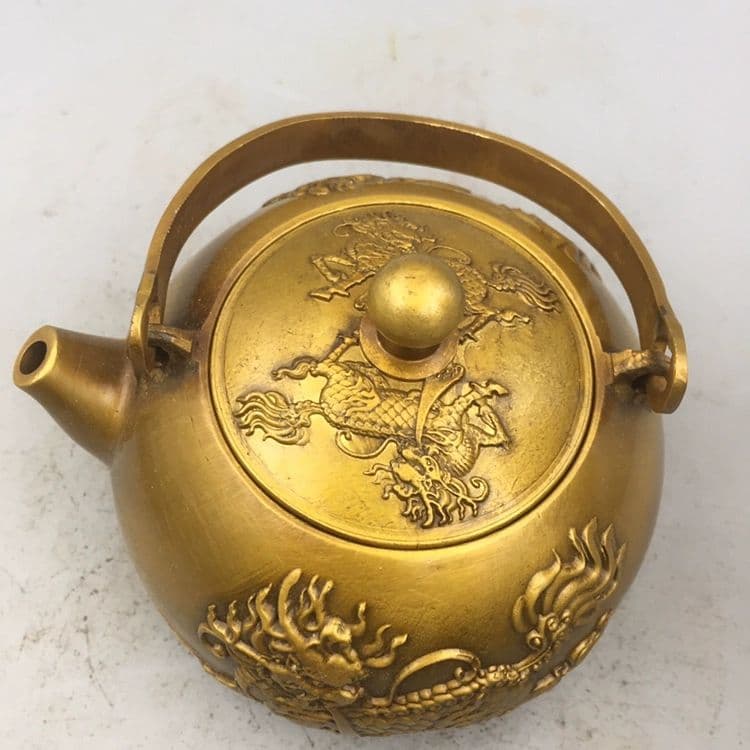 銅器 浮彫麒麟提梁壺 茶壺 酒壺 煎茶道具 装飾品 工芸品 美術品 置物