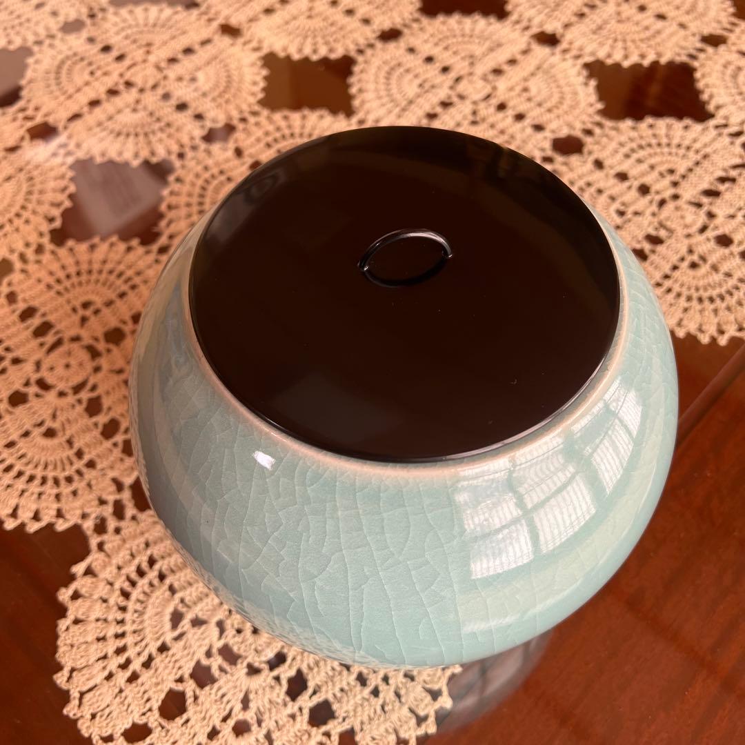 九谷焼 作家もの 青磁 水指 堂前忠正 茶道具 漆塗蓋付 共箱