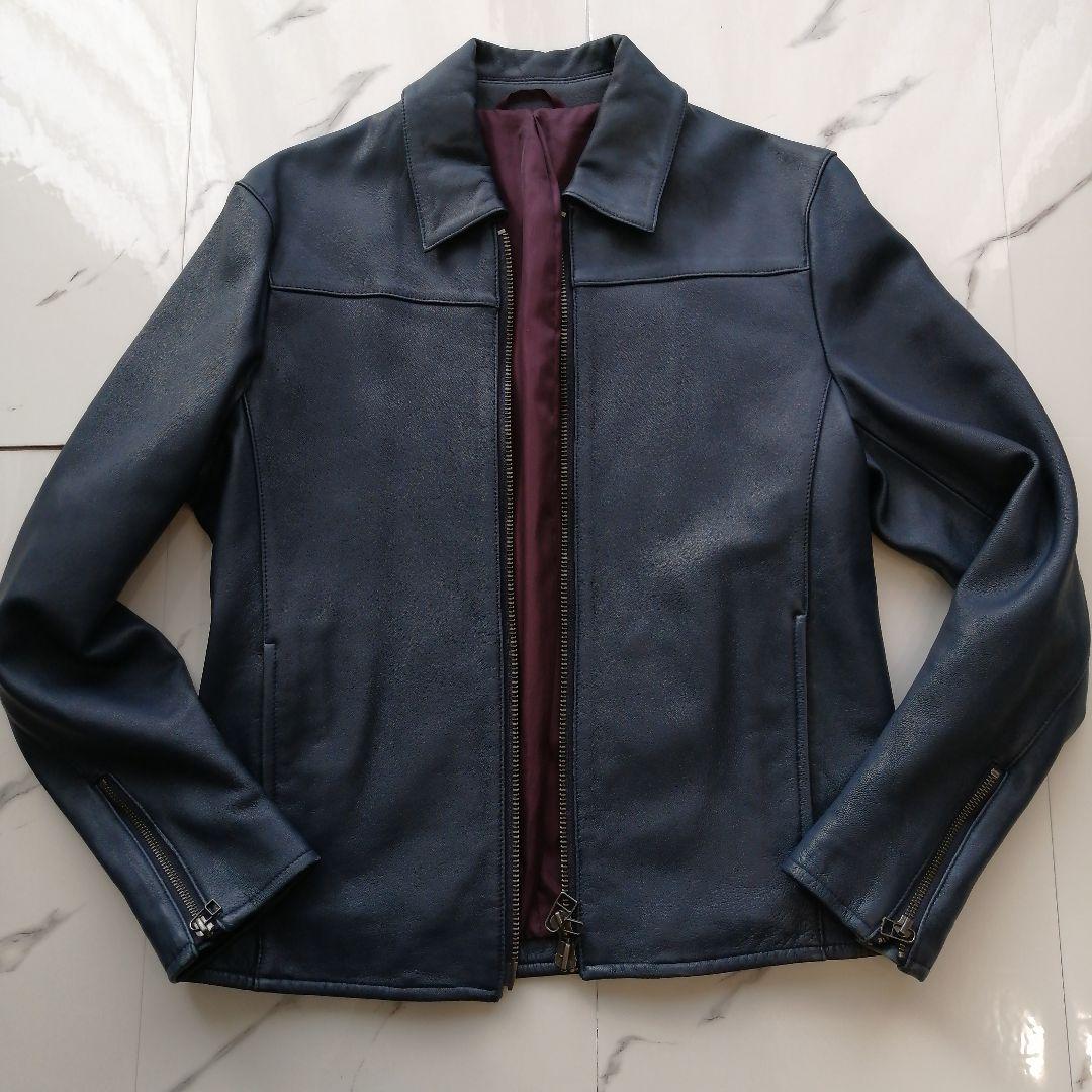 【極美品】コムサイズム ラムレザージャケット シングルライダーズ ネイビー M