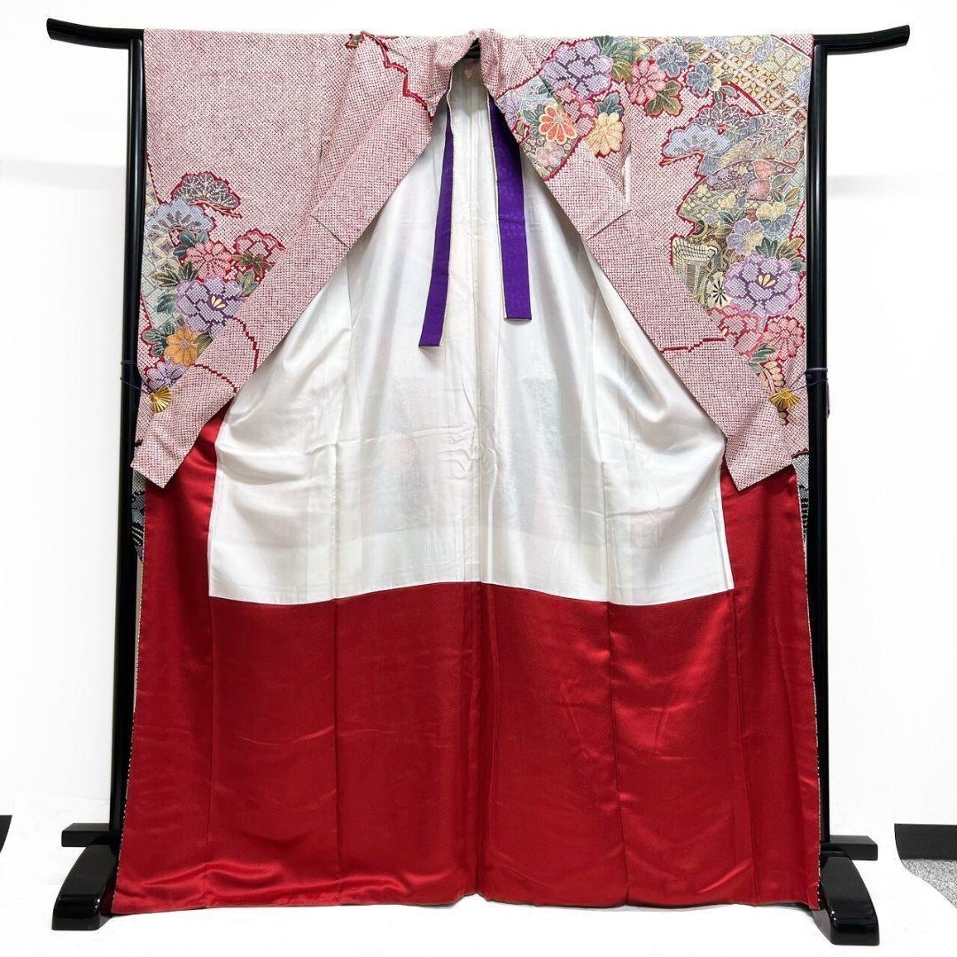 振袖　銀通し　金彩　辻ヶ花　鹿の子　牡丹　花模様　紅白　着物　121b p ms