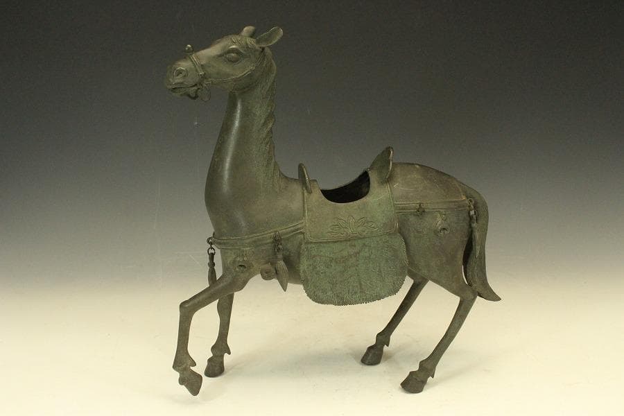 銅 馬上武人 置物 台座付 高42.5cm(LC414)