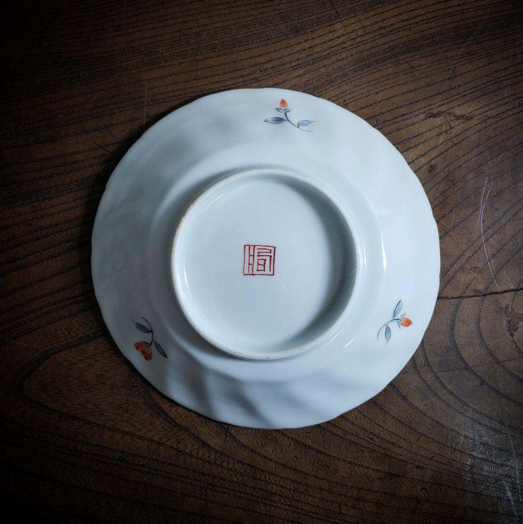 色絵付　皿　鳳凰　ねじり花弁縁　古伊万里　花文　唐草　銘　窯傷　イ号