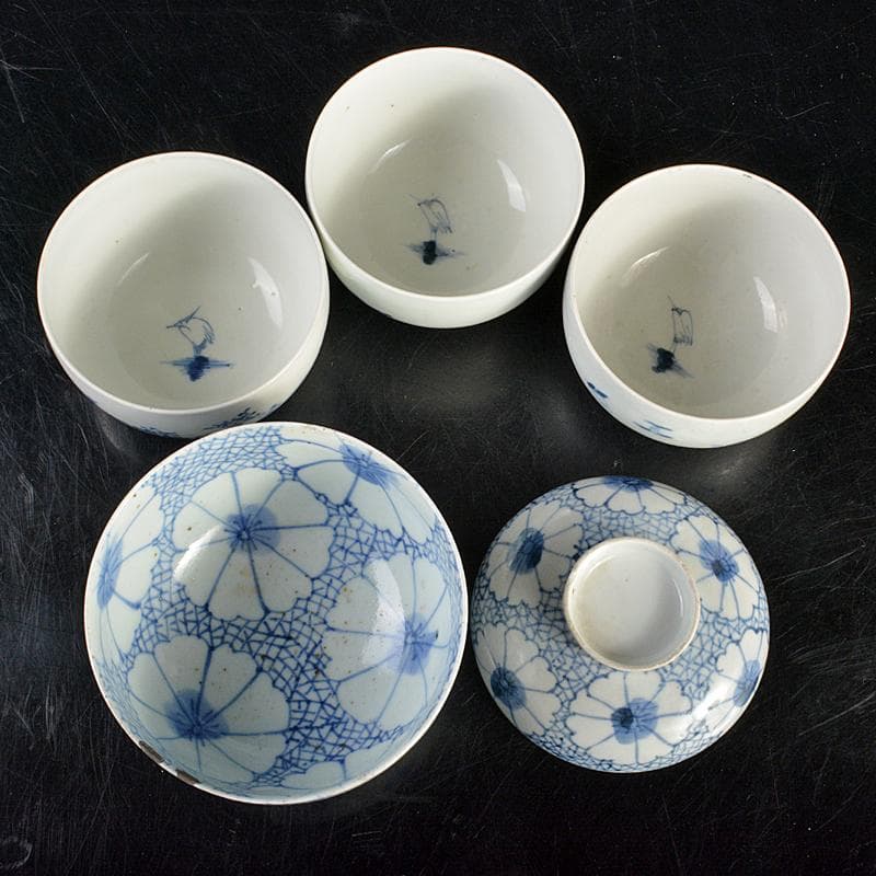 平戸焼　古平戸　染付 花鳥文煎茶碗　3客　氷裂花文蓋碗　まとめて　C　R6872