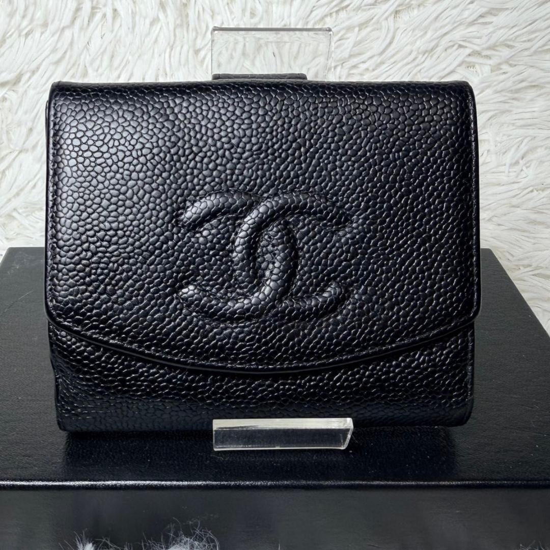 セール！CHANEL 二つ折り財布 ココマーク キャビアスキン レザー Wホック