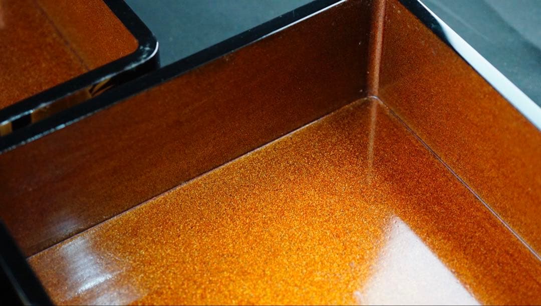 時代 竹梅蒔絵 家紋 内梨地 五段重箱 二枚蓋 螺鈿細工 青貝 木製 / 輪島塗