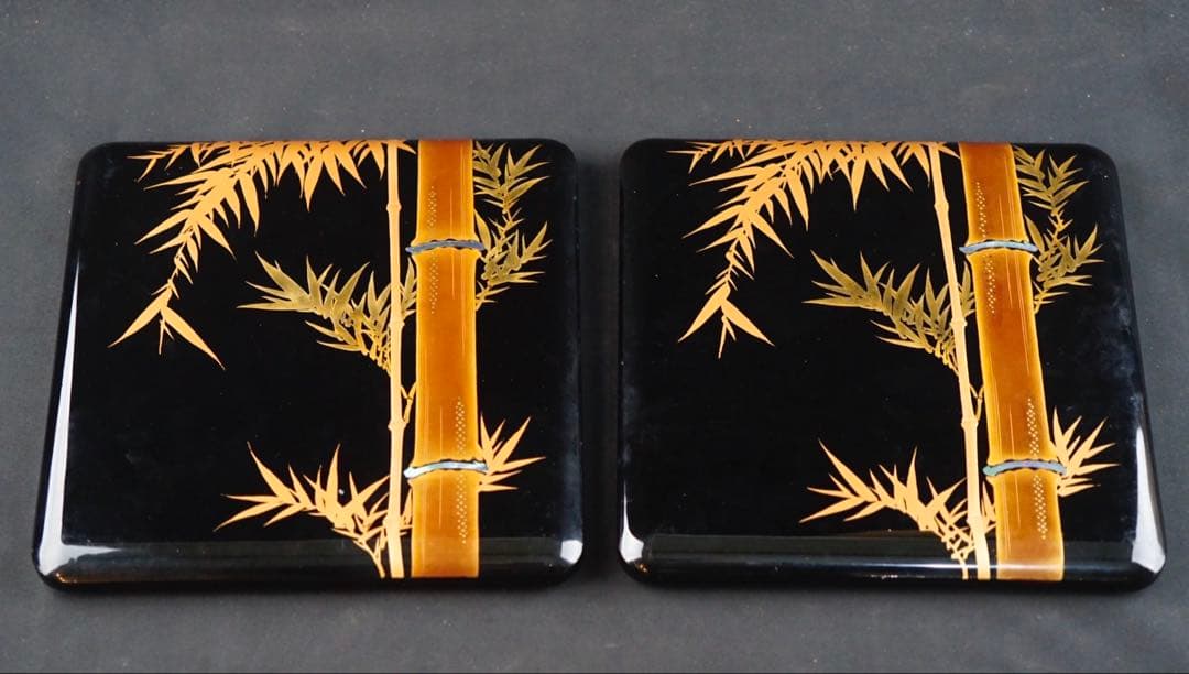 時代 竹梅蒔絵 家紋 内梨地 五段重箱 二枚蓋 螺鈿細工 青貝 木製 / 輪島塗