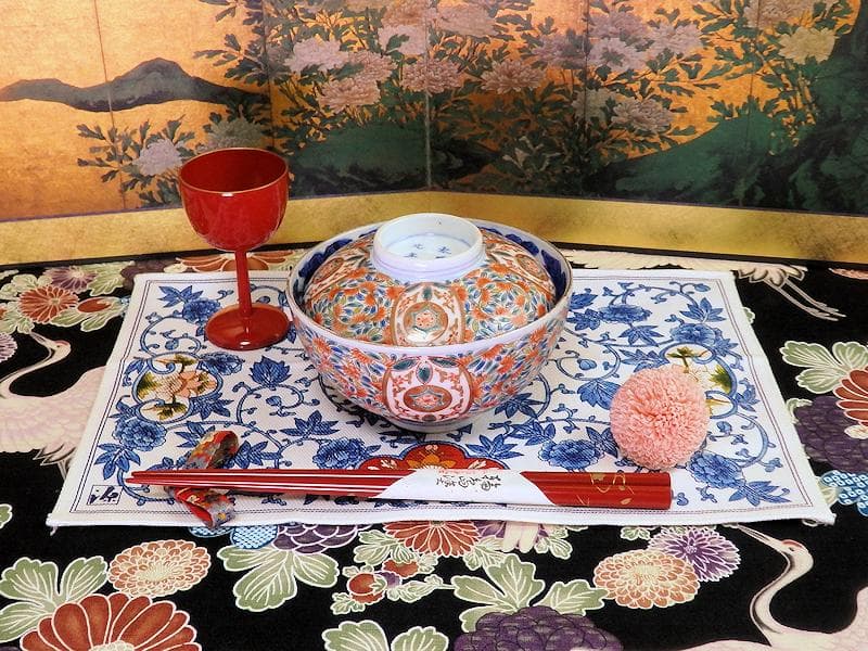 古伊万里　色絵　花繋ぎの図　蓋茶碗　江戸期　CZu