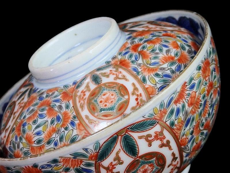 古伊万里　色絵　花繋ぎの図　蓋茶碗　江戸期　CZu