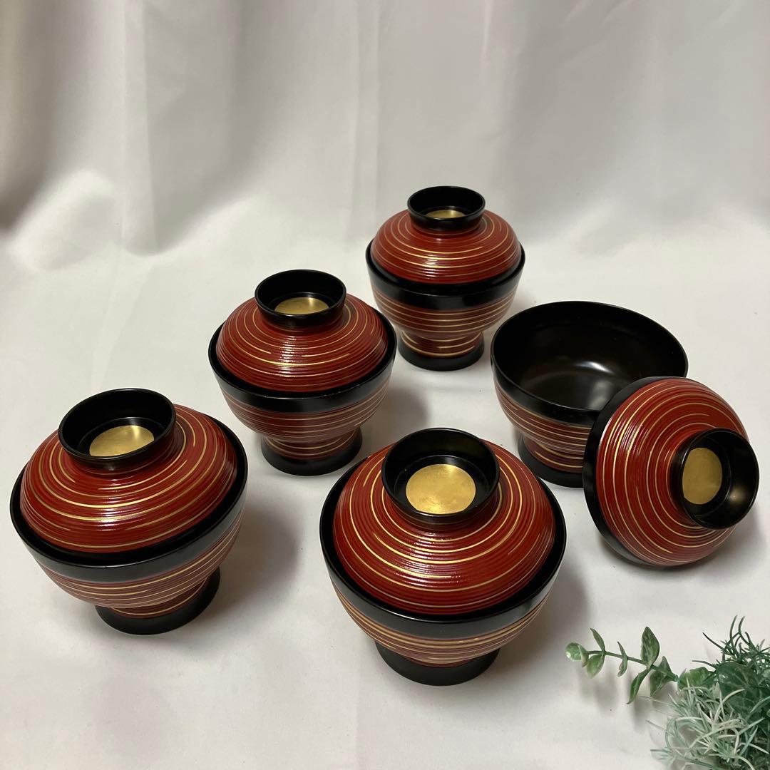 象彦　蓋つき汁椀　5客　吸物椀　木製漆器 金箔　千筋金彩　高級うるし塗り