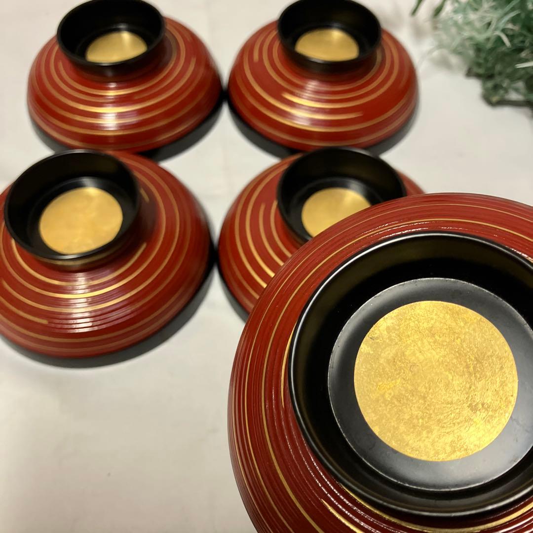 象彦　蓋つき汁椀　5客　吸物椀　木製漆器 金箔　千筋金彩　高級うるし塗り