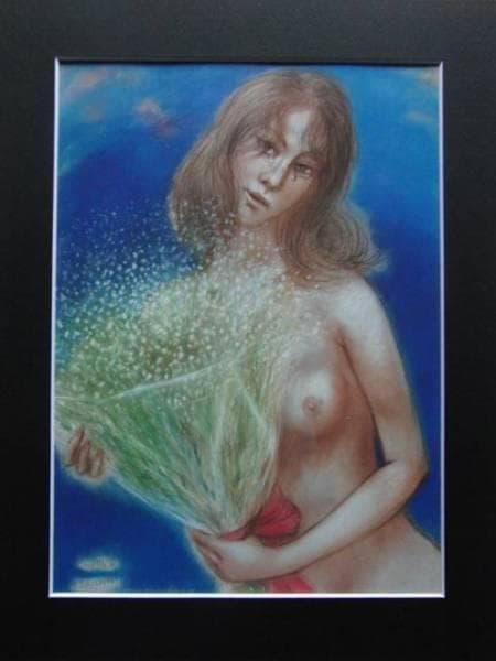 古沢　岩美、かすみ草、希少大判画集画、新品額装付、状態良好