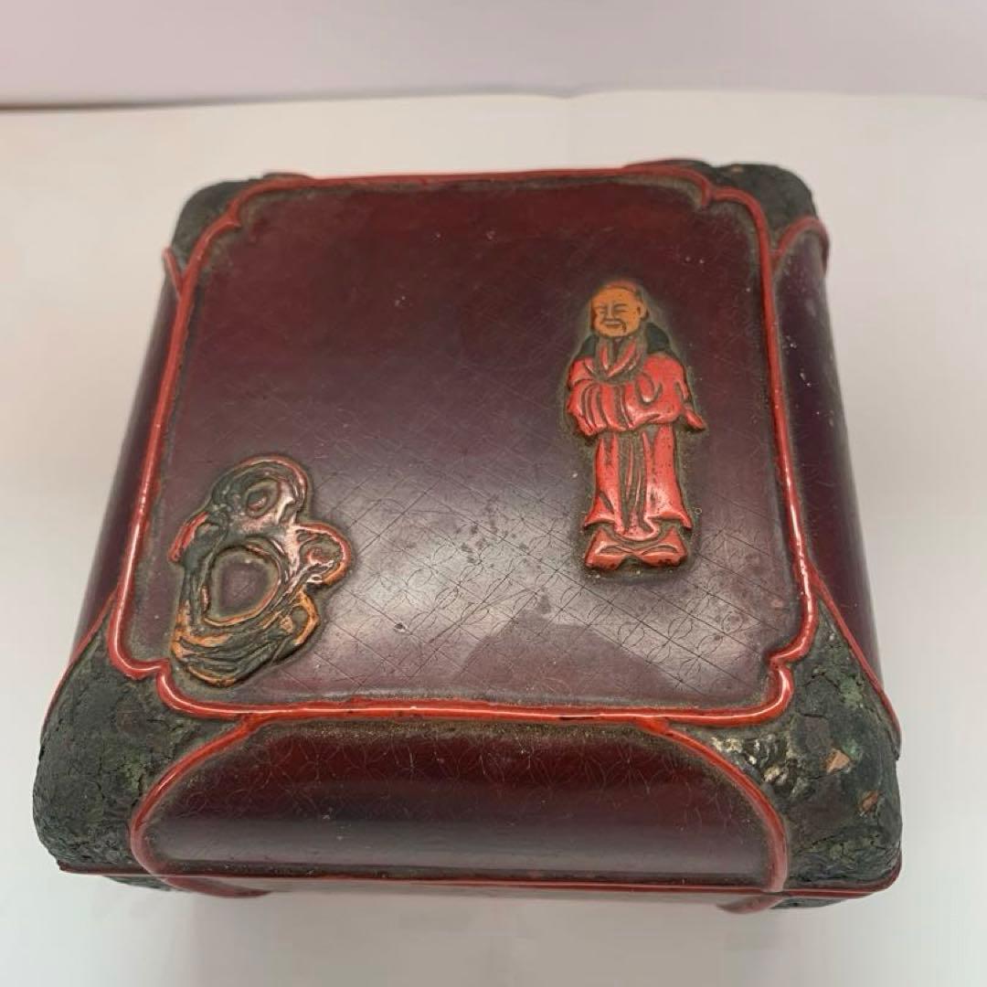 中国美術　堆漆細工刻『人物物語文』蓋物 木製漆塗 菓子器唐物茶道具