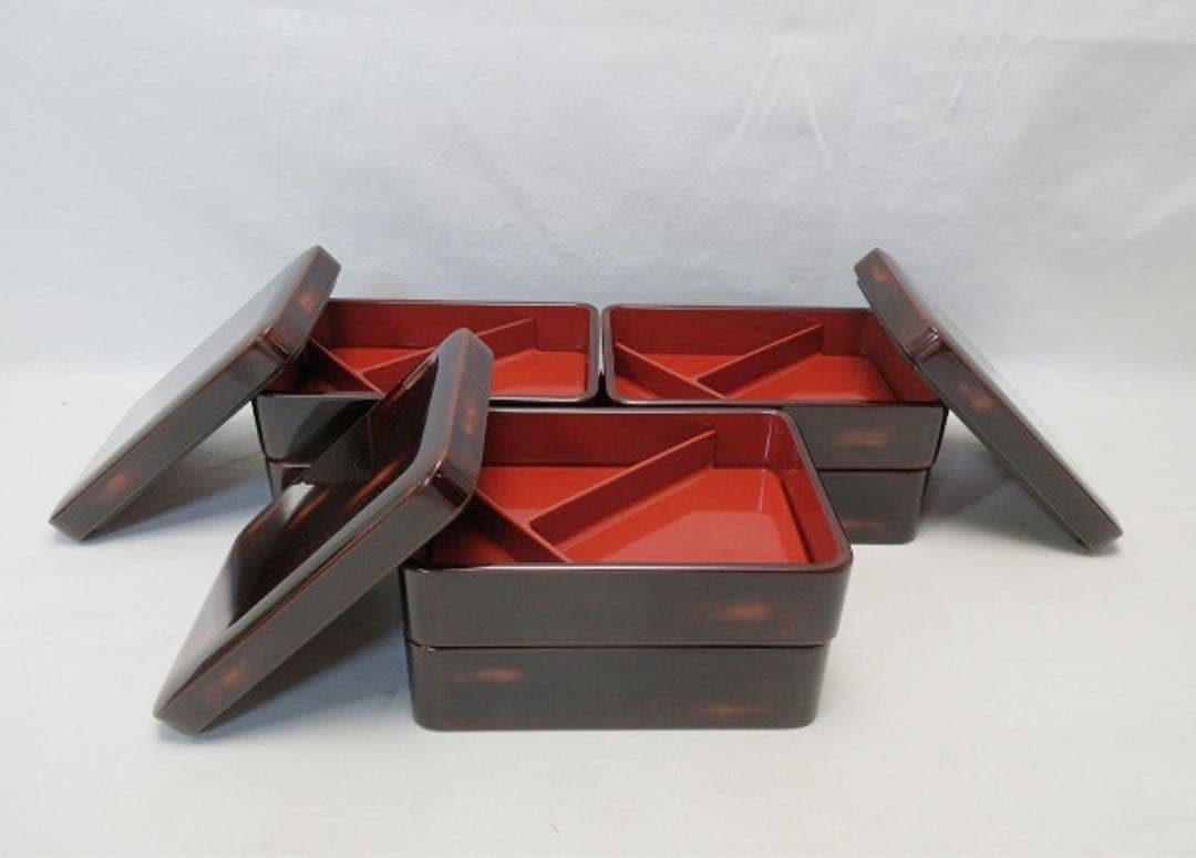 美品 茶道具 木製漆器 二段弁当箱 3客組 内朱 仕切り付 小料理 和食器