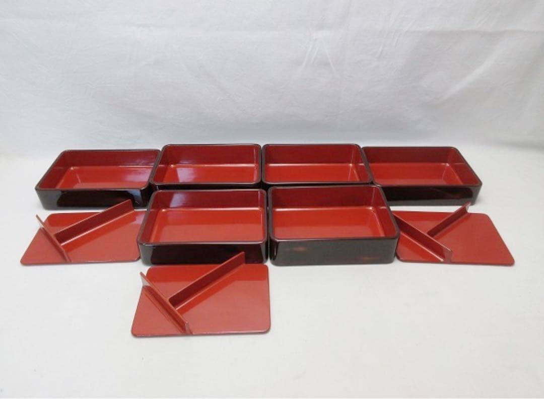 美品 茶道具 木製漆器 二段弁当箱 3客組 内朱 仕切り付 小料理 和食器