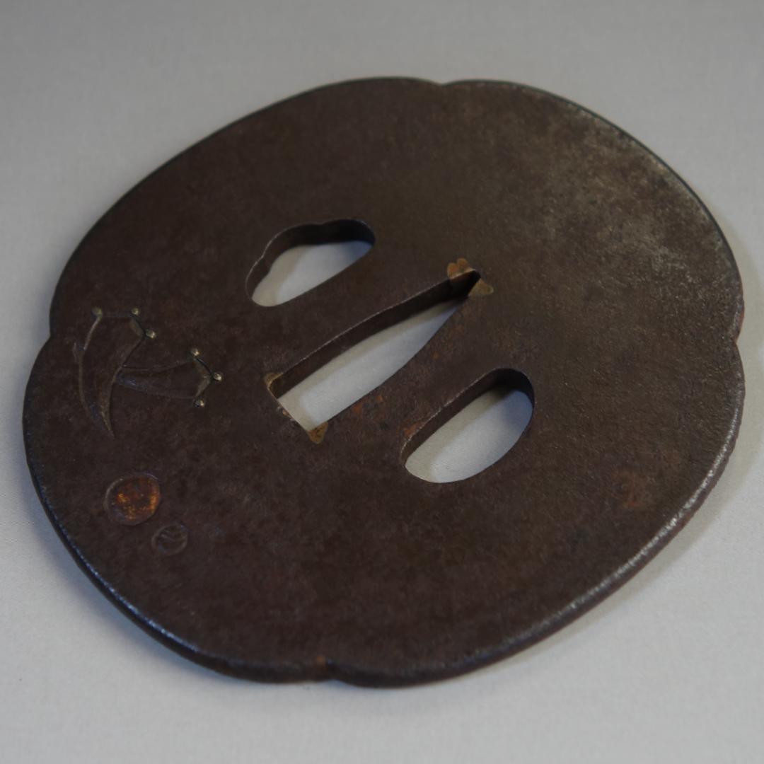 【 大黒天図鍔 】 鍔 鐔 鉄地 象嵌 刀装具 武具 骨董 アンティーク