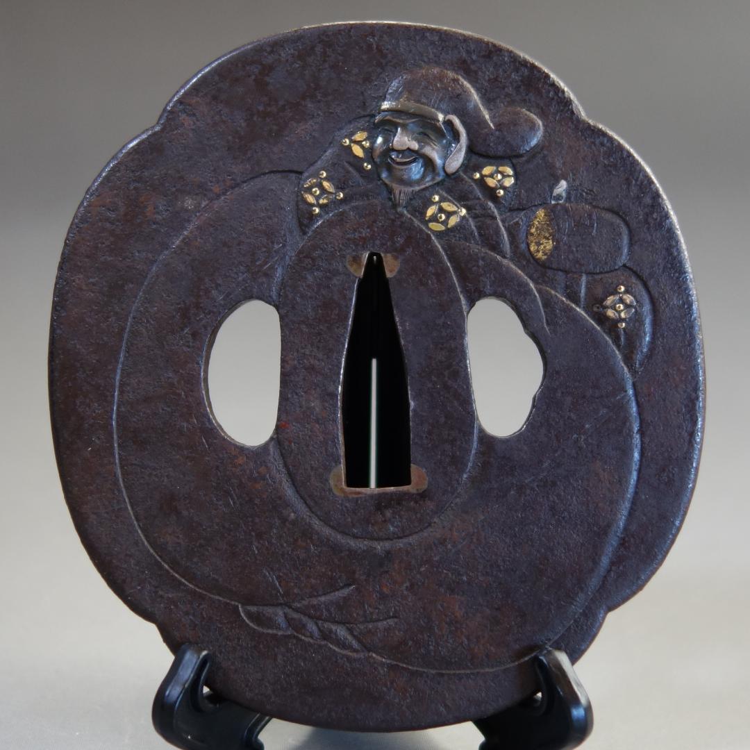 【 大黒天図鍔 】 鍔 鐔 鉄地 象嵌 刀装具 武具 骨董 アンティーク
