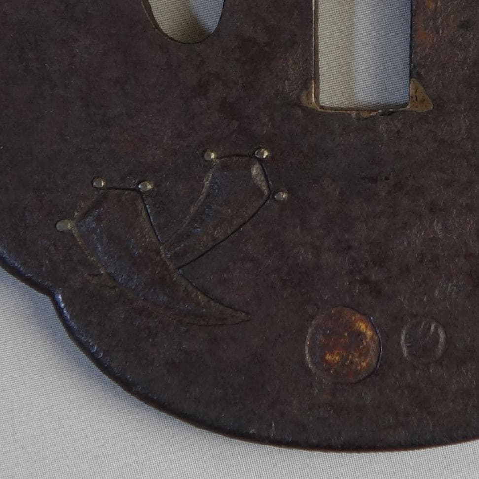 【 大黒天図鍔 】 鍔 鐔 鉄地 象嵌 刀装具 武具 骨董 アンティーク