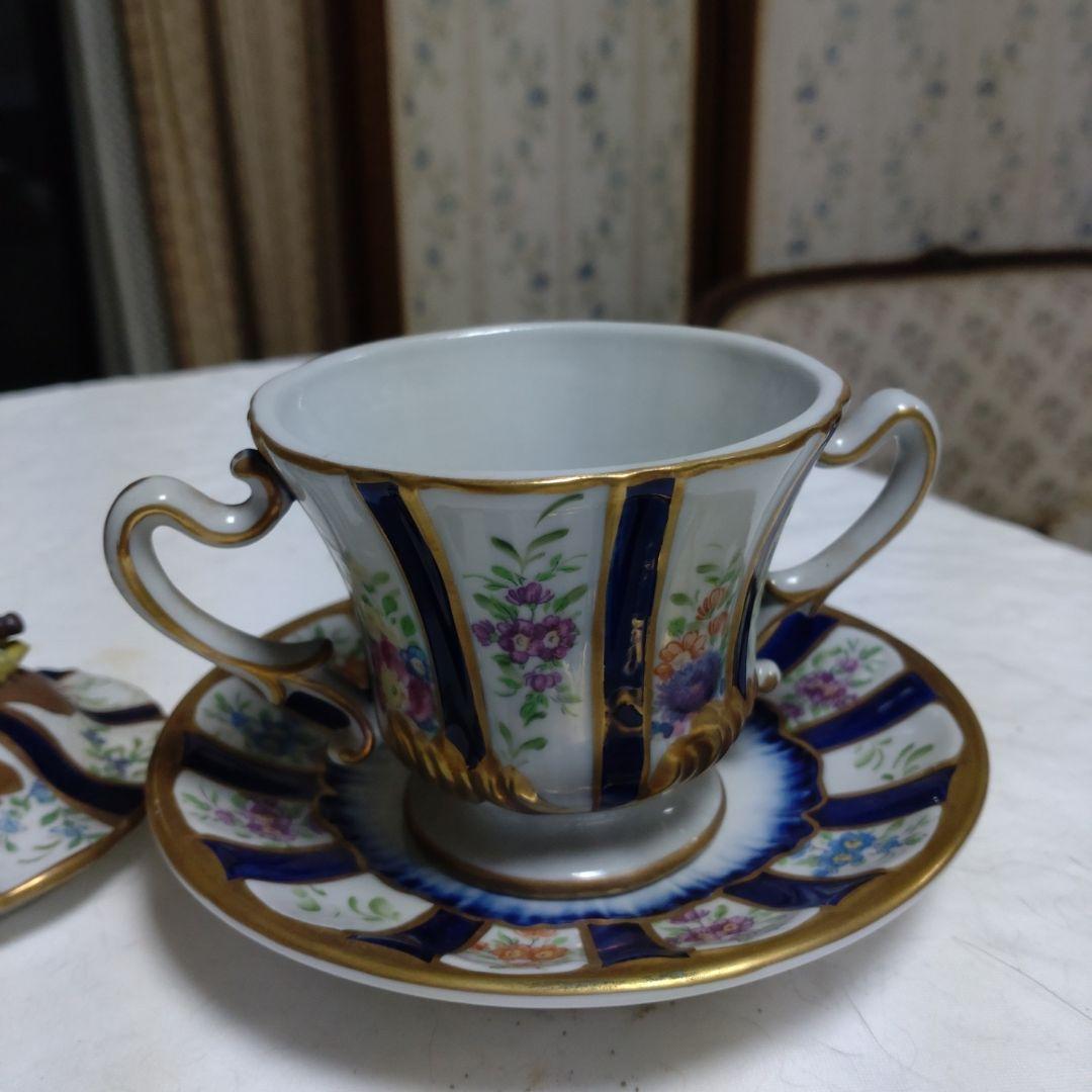 ビンテージイタリー製手描き花柄バタフライの取っ手装飾のシュガーポット