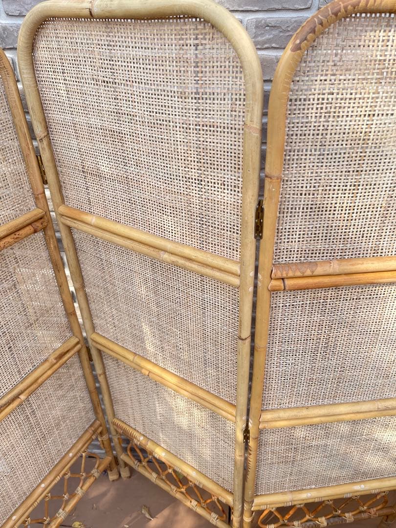 高級　ラタン 籐 3連パーテーション 衝立 間仕切り 昭和レトロ 新品未使用