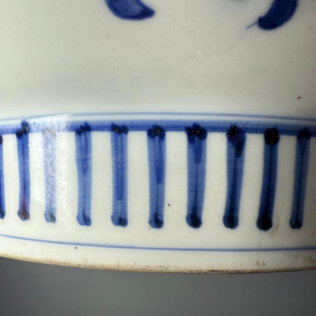 後期鍋島　染付松竹梅大皿　江戸期　三方兜唐花文　高台櫛目文　34cm　蒐集家旧蔵