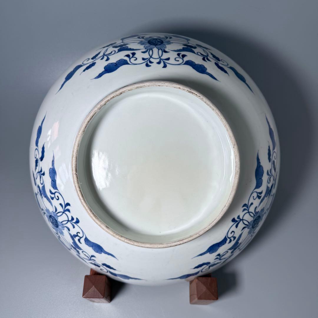 後期鍋島　染付松竹梅大皿　江戸期　三方兜唐花文　高台櫛目文　34cm　蒐集家旧蔵