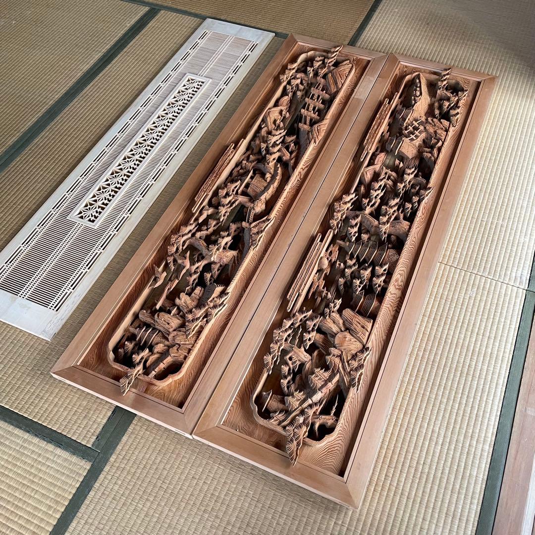 欄間 箱根寄木細工 木製彫刻 アンティーク 2枚他