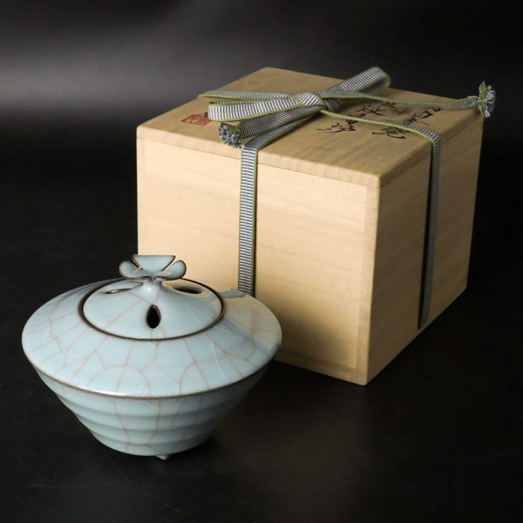 人気作家 峯岸勢晃 月白青瓷 線段香炉 共箱 共布 陶歴付