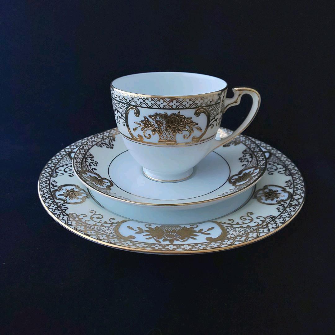 オールドノリタケ　花籠　トリオ　金彩良好　カップ&ソーサー　アンティーク　里帰り