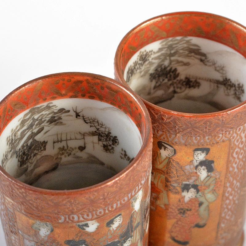 九谷焼　古九谷　日本村顕　色絵金彩　山水人物文　茶巾筒　一對　F　R6033