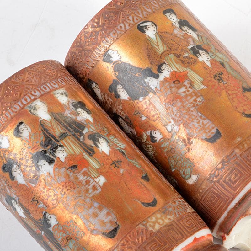 九谷焼　古九谷　日本村顕　色絵金彩　山水人物文　茶巾筒　一對　F　R6033