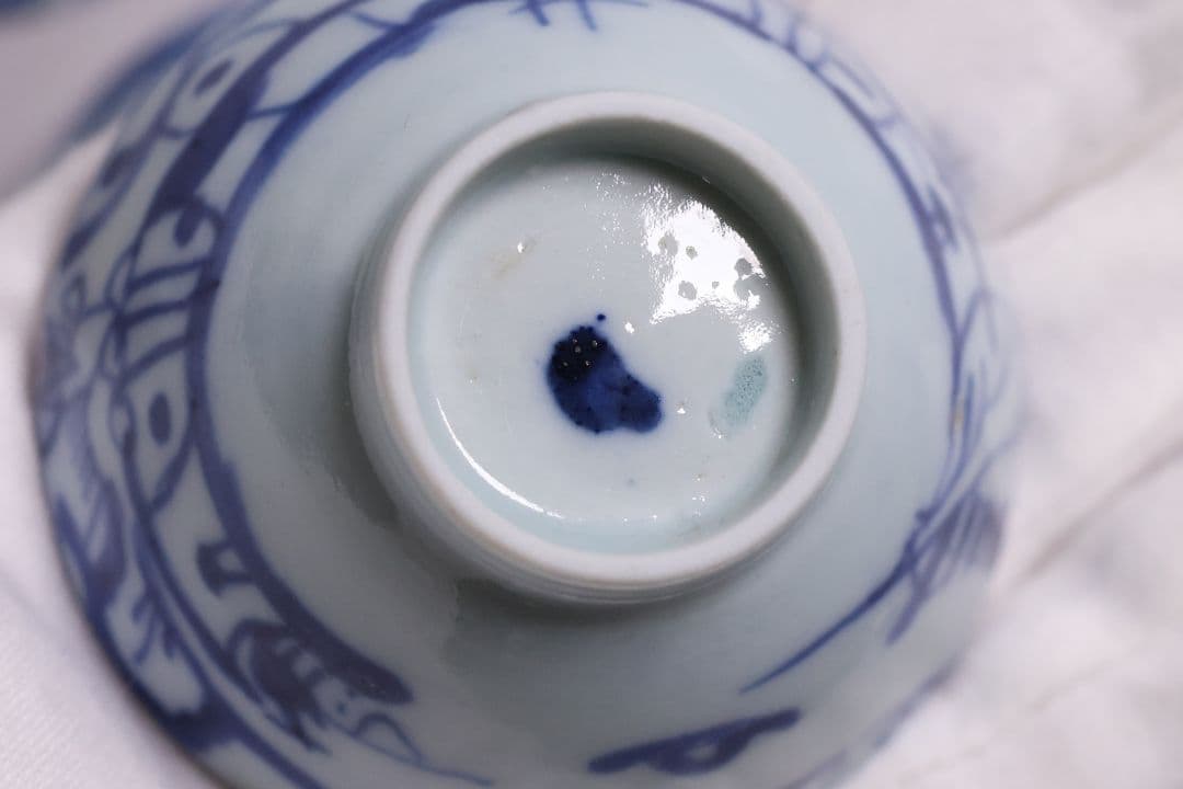 中国 染付 煎茶椀 五客 山水 鳥図 茶器 陶磁器 【MA581】