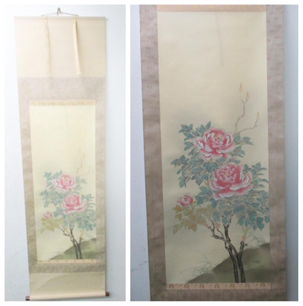 【未使用品】掛軸 佐藤和三『牡丹』日本画 絹本 箱付 掛け軸 L01408