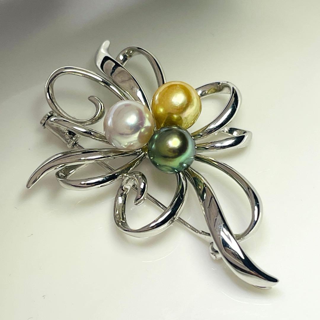 天女 あこやパール　本真珠 ブローチ オーロラ 黒蝶 ゴールドパール　本物8mm