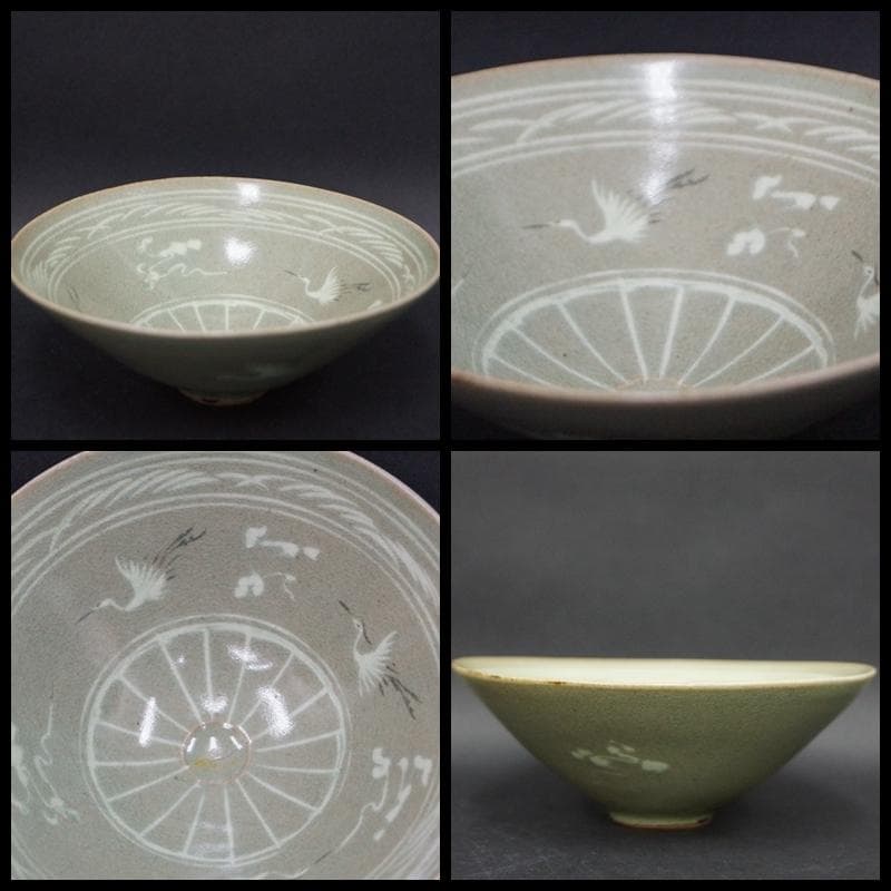 古茶碗 青磁象嵌『雲鶴文』茶碗 平茶碗 抹茶碗 箱付 / 茶事 茶道具