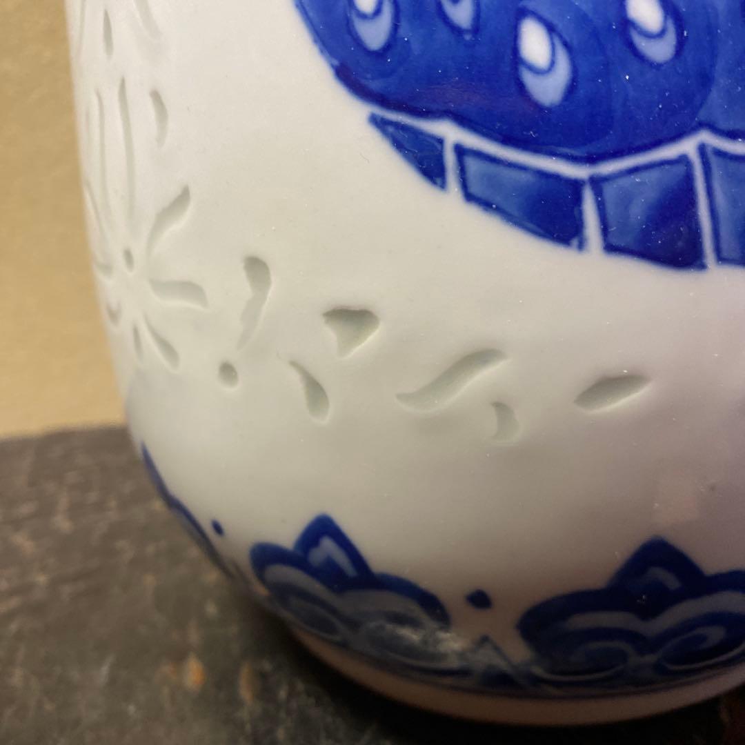 中国美術　蛍手染付花瓶　景徳鎮製