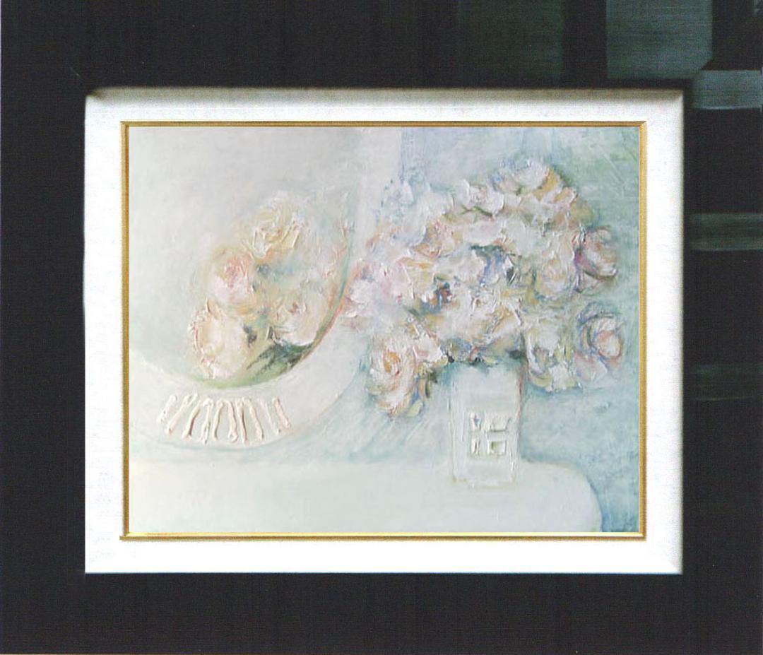 油絵 菅家令子 絵 絵画インテリア額付(青緑＋金色の枠) uF6-114002花