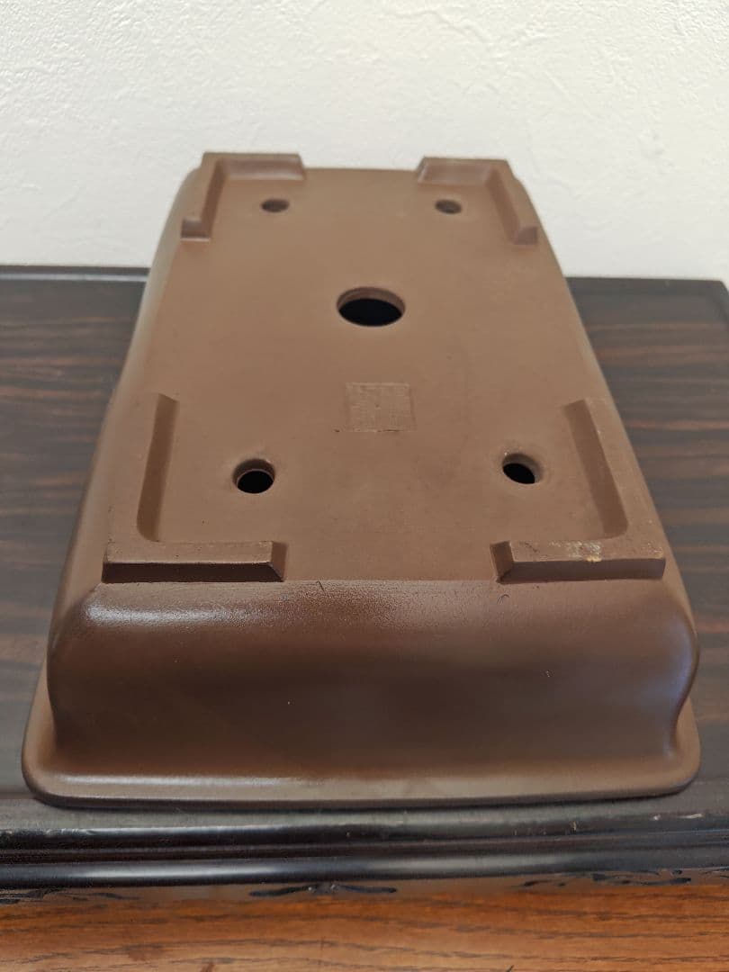 ブラウン 中型陶器盆栽鉢 長方形　落款　亀岡