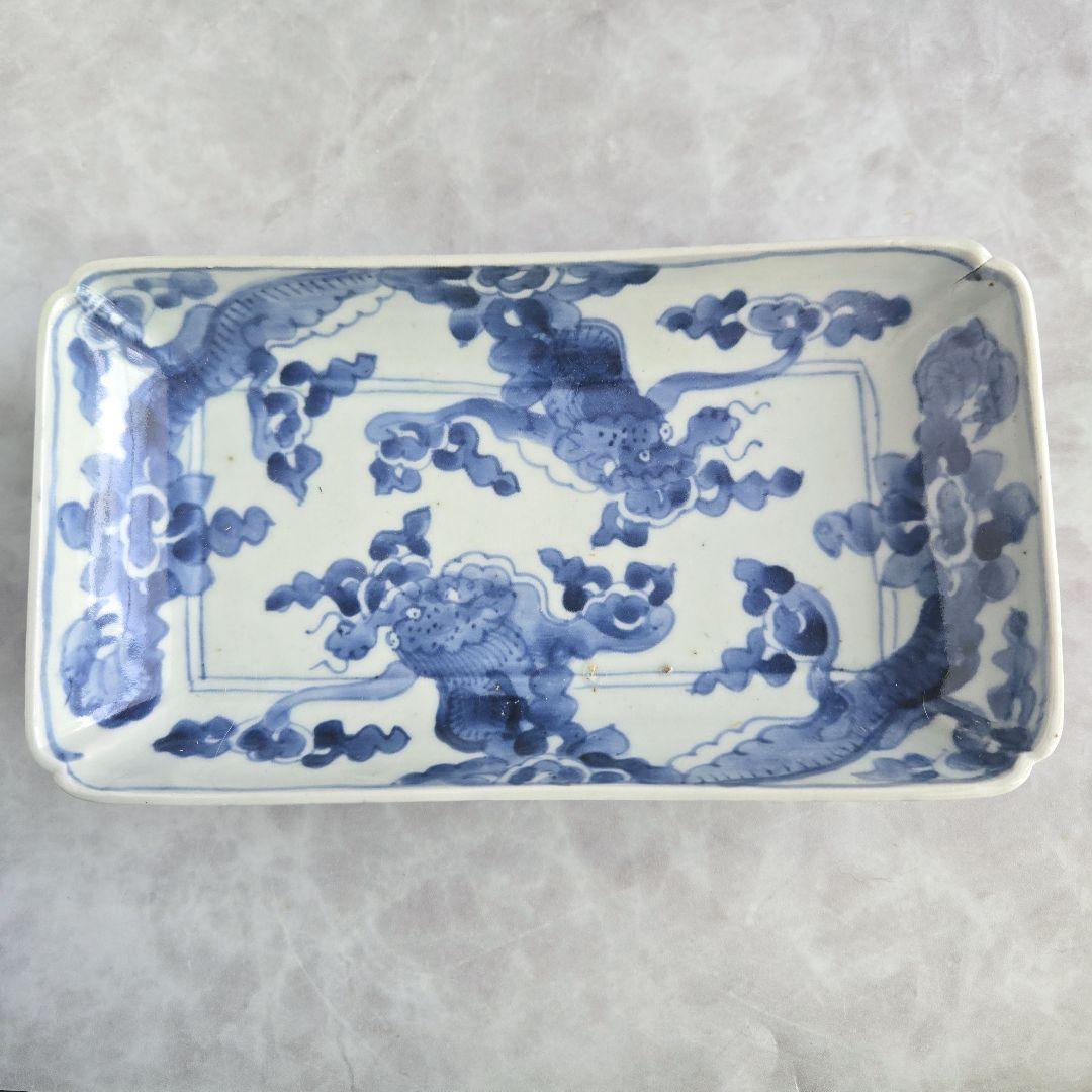 無傷　古伊万里　染付　雲龍　長皿　角皿　江戸時代　金直し　金継ぎ　骨董　竜　龍