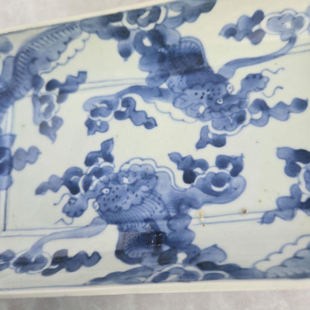 無傷　古伊万里　染付　雲龍　長皿　角皿　江戸時代　金直し　金継ぎ　骨董　竜　龍