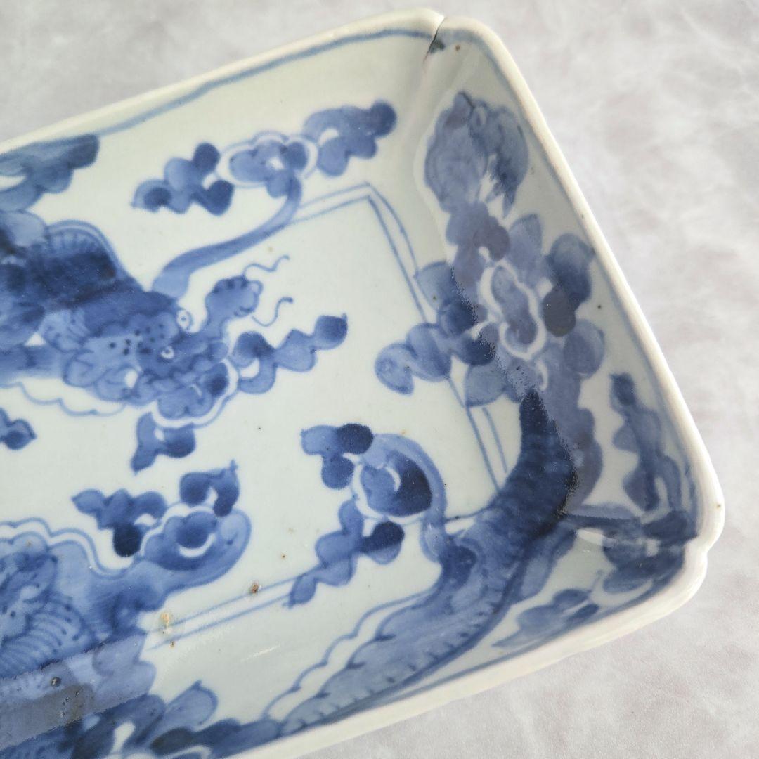 無傷　古伊万里　染付　雲龍　長皿　角皿　江戸時代　金直し　金継ぎ　骨董　竜　龍