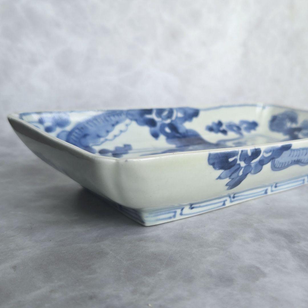 無傷　古伊万里　染付　雲龍　長皿　角皿　江戸時代　金直し　金継ぎ　骨董　竜　龍