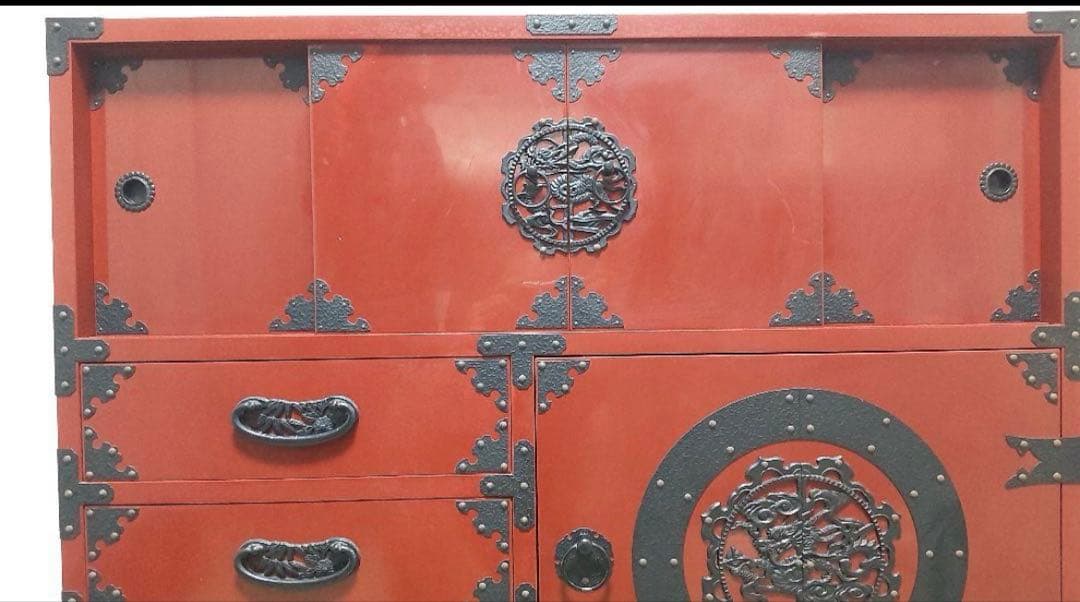 あべちゃん仙台箪笥　赤木肌木地呂漆塗り 彫金手打金具　高級　民芸家具