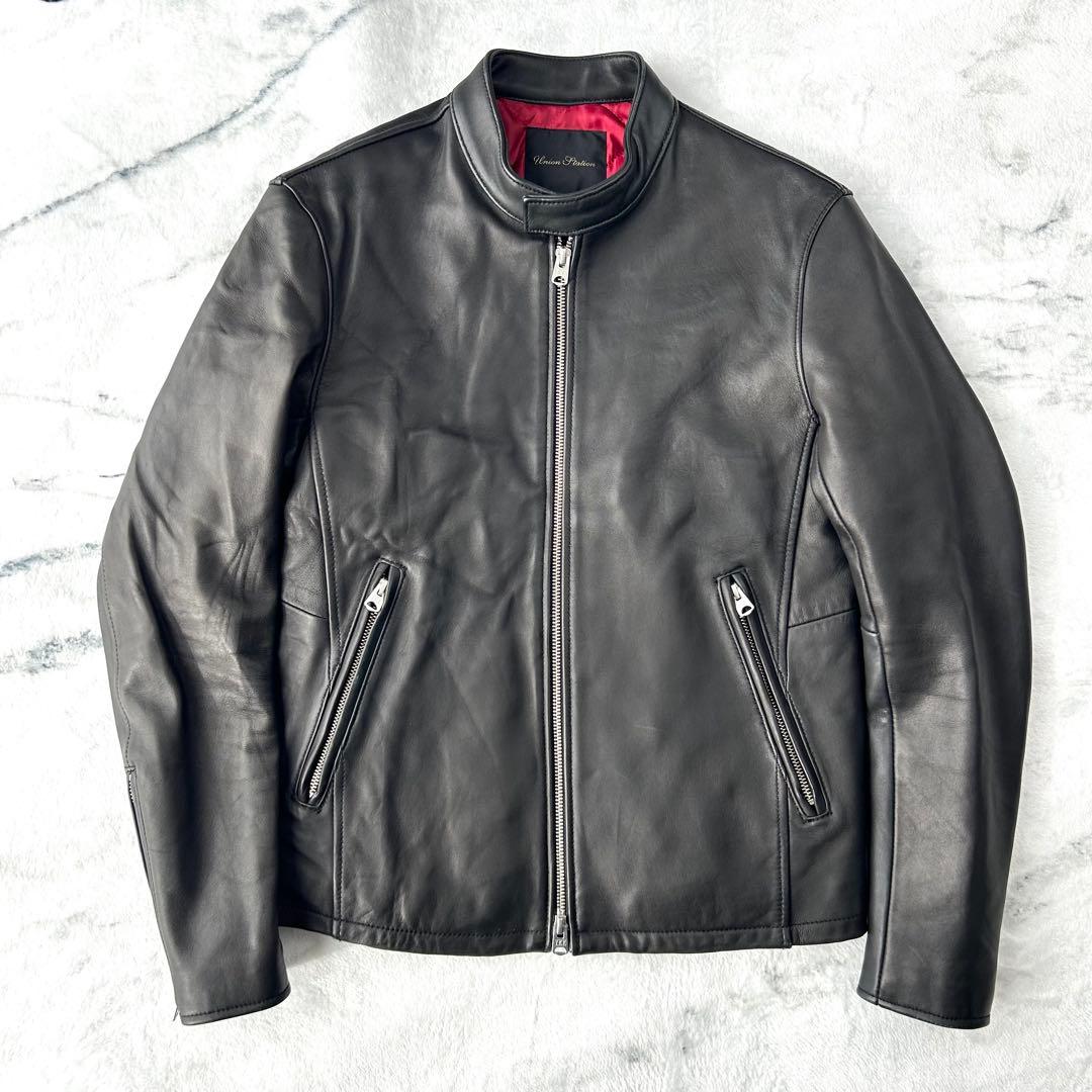 メンズビギ　ラムレザー　シングルライダース　キルティング　ダブルジップ　黒　赤