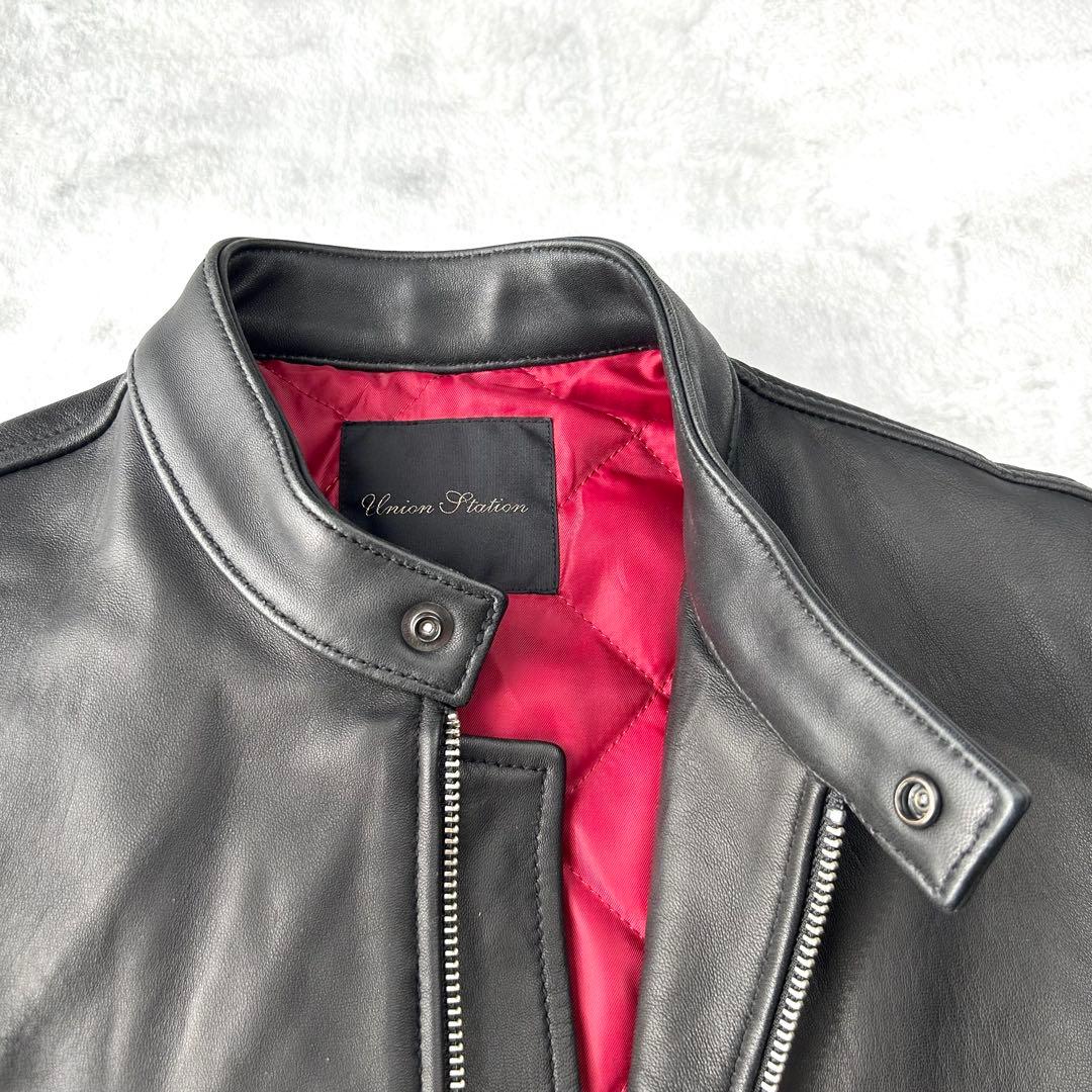 メンズビギ　ラムレザー　シングルライダース　キルティング　ダブルジップ　黒　赤