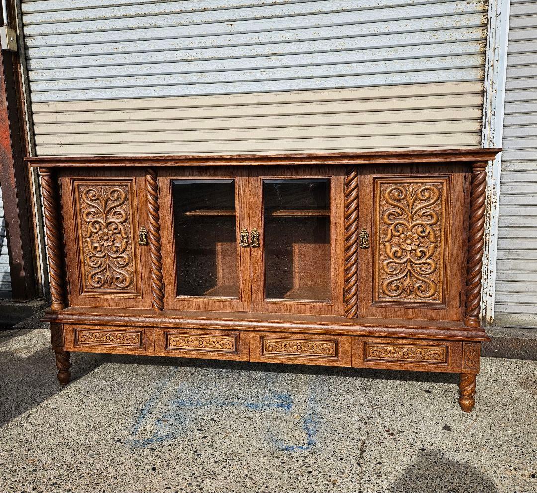 ヴィンテージ 日家工芸株式会社 木彫りのサイドボード ガラス 飾り棚 家具