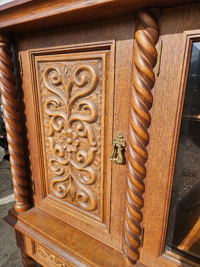 ヴィンテージ 日家工芸株式会社 木彫りのサイドボード ガラス 飾り棚 家具